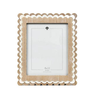 Wood scallop photo frame in natural wood with white scalloped inner border, fits 8x10 photos.