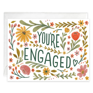 Wedding greeting card You're Engaged with a colorful floral watercolor border