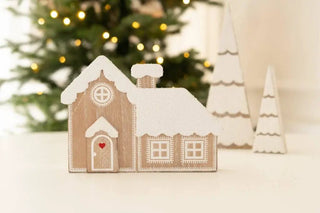 7x5 chunky wooden house ornament with white snow-covered roof and decorative white trim