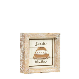 5x5 rustic wood frame sign with whitewashed finish, sweater graphic and the words Sweater Weather