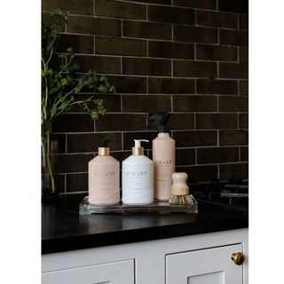 Dish soap set in Blushed Bergamot: three pastel bottles with pumps and spray on a tray with a brush.