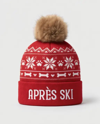 Apres Ski Pom Pom Hat dog toy, red knit with furry pom, squeaker