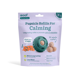 Calming Wellness Pops pupsicle refills bag in lavender with teal play toy and brown round treats