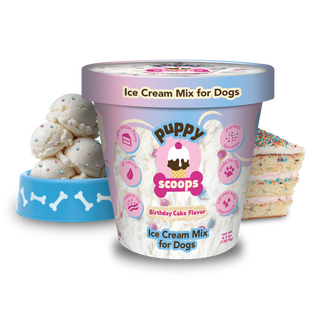 Puppy Scoops ice cream mix for dogs tub with pastel gradient lid; blue bone bowl of scoops and birthday cake slice.