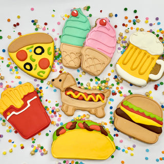 Lunch Menu Dapper dog treats: eight colorful iced cookies including pizza, ice cream, beer mug, and fries