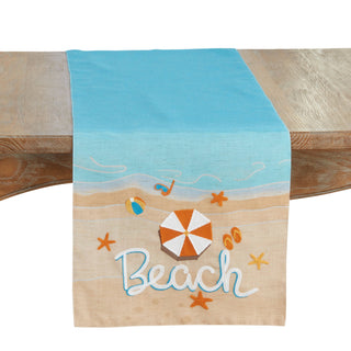 Beach Runner towel with blue top and sandy bottom featuring a beach scene with umbrella and starfish