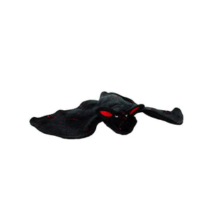 Bat-shaped dog toy, black quilted fabric with red stitching, squeaky.