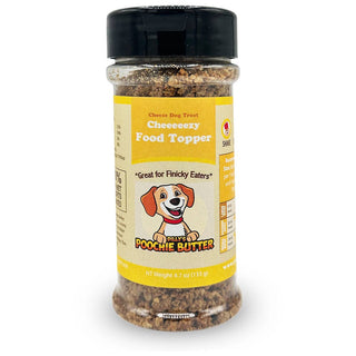 Dog Food Topper all natural 3.5oz in a clear bottle with yellow label showing cartoon dog and black cap