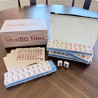 Rose Dragon American Mahjong Tile Set, 166 tiles, white storage box and zip pouch with red characters.