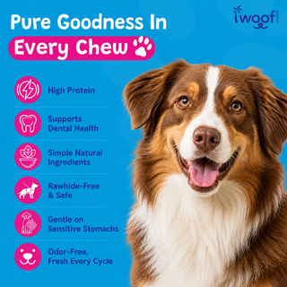 6-inch braided collagen stick dog treat, grass-fed beef, on blue packaging with a smiling dog