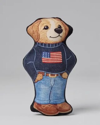 Ruff Lauren Teddy Dog plush squeaker toy wearing a navy sweater with American flag and blue jeans