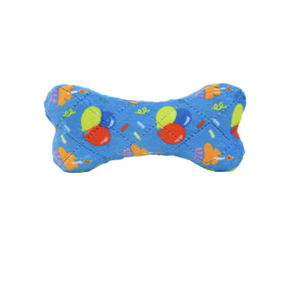 Mighty Bone dog toy, medium celebration squeaky, blue with colorful print, no stuffing