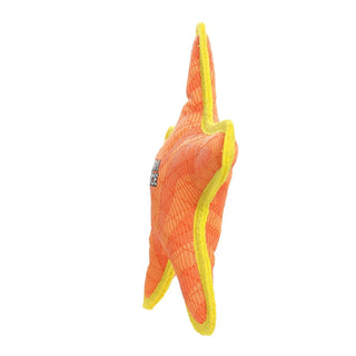 DuraForce Star orange dog toy with yellow trim and mesh fabric.