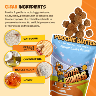 Peanut Butter & Honey Soft & Chewy Dog Treats, 8oz bag, blue packaging.