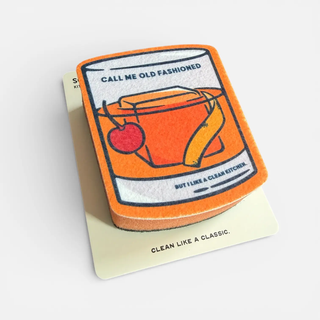 Cocktail Scrubbly Old Fashioned scrubby in bright orange with a glass, cherry and orange peel illustration