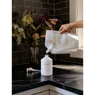 Dish soap bottle and refill pouch, Blushed Bergamot scent, white with gold accents.
