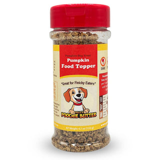 Dog Food Topper pumpkin flavor in a clear jar with a red lid for dogs.