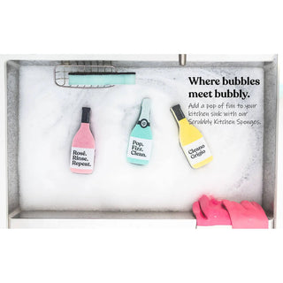 Scrubbly Kitchen Sponge Cleano Grigio, set of three bottle-shaped sponges in pink, teal, and yellow with pink gloves