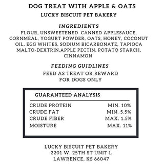 All the Dog Things Dapper dog treat label with apple & oats ingredients