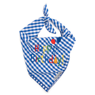 Happy Birthday Bandana blue and white gingham with embroidered balloons and party hat, traditional square tie-on.