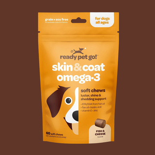 Dog omega-3 fish oil skin & coat soft chews, 60-count in bright orange pouch