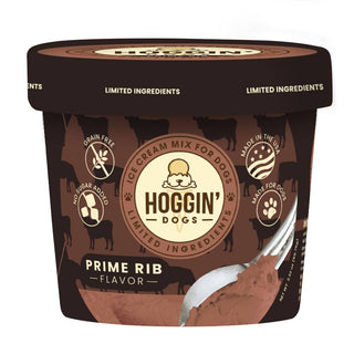 Hoggin' Dogs no sugar added ice cream mix for dogs, brown tub with prime rib flavor label
