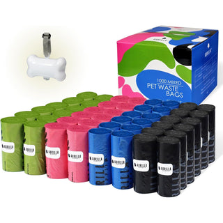 Poop bag refills, 1000 mixed pet waste bags in green, pink, blue and black with bone-shaped dispenser