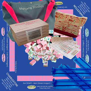 Rose Dragon American Mahjong Tile Set (166 tiles) with wooden box and pink-white tiles in a carrying bag.