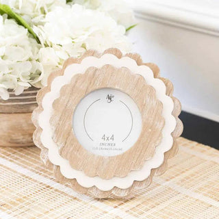 Wood round scalloped photo frame for 4x4 photos, natural with white scalloped edge