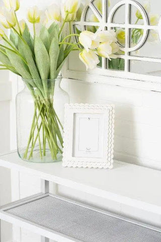 Wood scalloped photo frame, white, for 5x7 photos, on white shelf