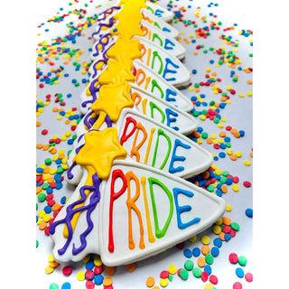 Pride banner cookies set of 5 with rainbow icing on white bases and yellow star toppers