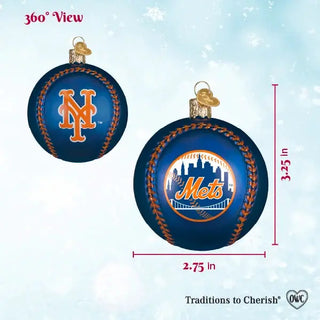 2 blue Mets baseball ornaments with orange stitching and skyline logo.