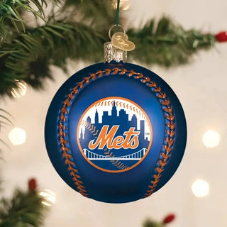 Baseball ornament featuring Mets logo, blue sphere with brown braided stitching around the edge