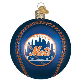 Mets baseball ornament, blue round ball with orange stitching and skyline logo