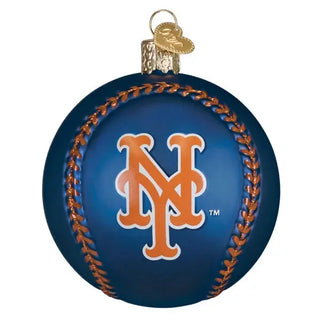 Baseball ornament featuring Mets logo in a glossy blue ball with orange stitching and a gold-tone cap