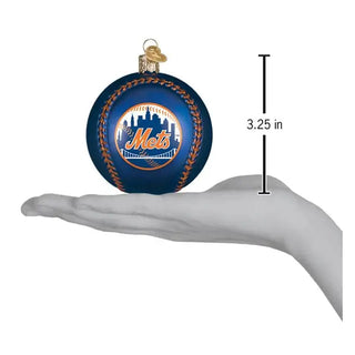 Mets baseball ornament, blue ball with orange Mets logo and skyline, bordered by brown braided seam