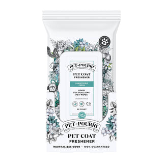 Pet coat freshener wipes, 50 count, odor-neutralizing, resealable pouch with teal label and floral illustrations