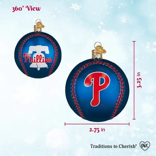 Phillies baseball ornament set, two round blue ornaments with red stitching and Phillies logos.