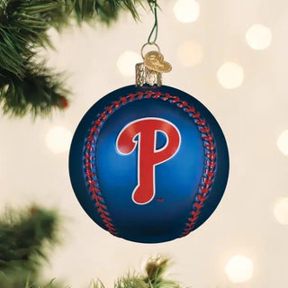 Phillies baseball ornament by Old World Christmas, blue ball with red P logo and red stitched seam