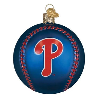 Baseball ornament featuring Phillies P logo on a blue ball with red stitched seam