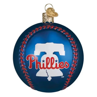 Phillies baseball ornament, blue glass ball with red stitching and Phillies logo.
