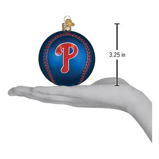 Baseball ornament, blue sphere with red Phillies logo and red stitching, 3.25 in
