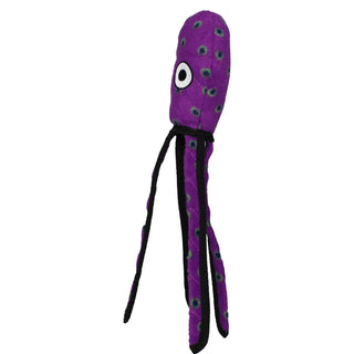 Ocean Squid dog toy, purple plush with long black tentacles, durable and squeaky
