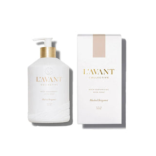 Dish soap bottle and box (2 items) by L'AVANT Collective, Blushed Bergamot, white with gold accents