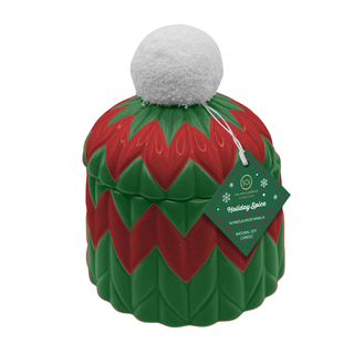 10oz hand-painted beanie holiday candle in red and green with a white snowcap