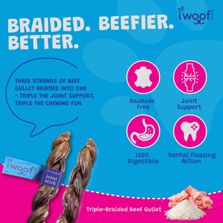 6in braided collagen stick dog treat, three sticks shown, grass-fed beef.