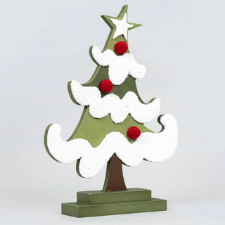 Wood Christmas tree cutout on stand, 8x12, green with white snow and red pom-poms