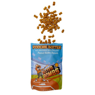 Peanut Butter Crunchy Dog Treats 8oz in blue packaging with a cartoon dog swinging a baseball bat