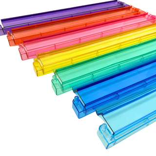 Mahjong rack and pusher set, 4 pieces in transparent rainbow colors.