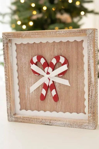 7x7 wood frame sign with candy cane heart and white bow, distressed whitewashed frame, Christmas decor